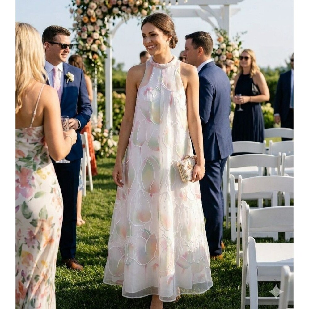 Diomi Silk Halter‎ Maxi Formal Dress S Tulip Floral Pastel Ethereal Wedding